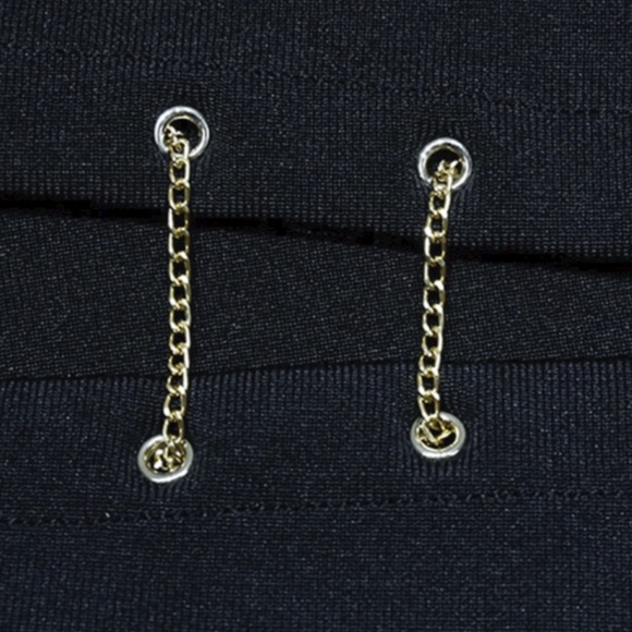 NEW! DESIGNER COUTURE BLACK BANDAGE DRESS THIGH SLIT CHAIN DETAIL KEYHOLE DRESS - Picture 10 of 12